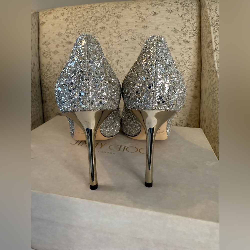 Jimmy Choo Romy 85 Champagne Coarse Glitter Fabric Pointy Toe Pumps Size 39 (9) - Picture 4 of 9
